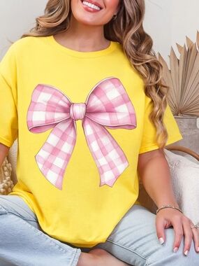 Gildan Yellow Short-Sleeve Tee with Pink Gingham Bow